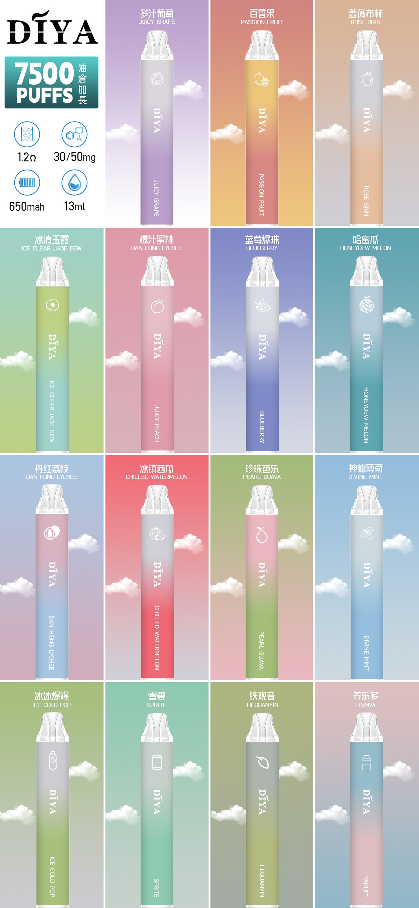 【DIYA叮啞7500口拋棄式】新款叮啞可充電霧化桿-叮啞7500口puffs油倉加長版電子煙-30/50mg-VAKA糖果雲煙館